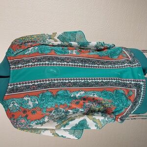 Studio Y- sheer short sleeve , coral / green color tone print, bohemian top